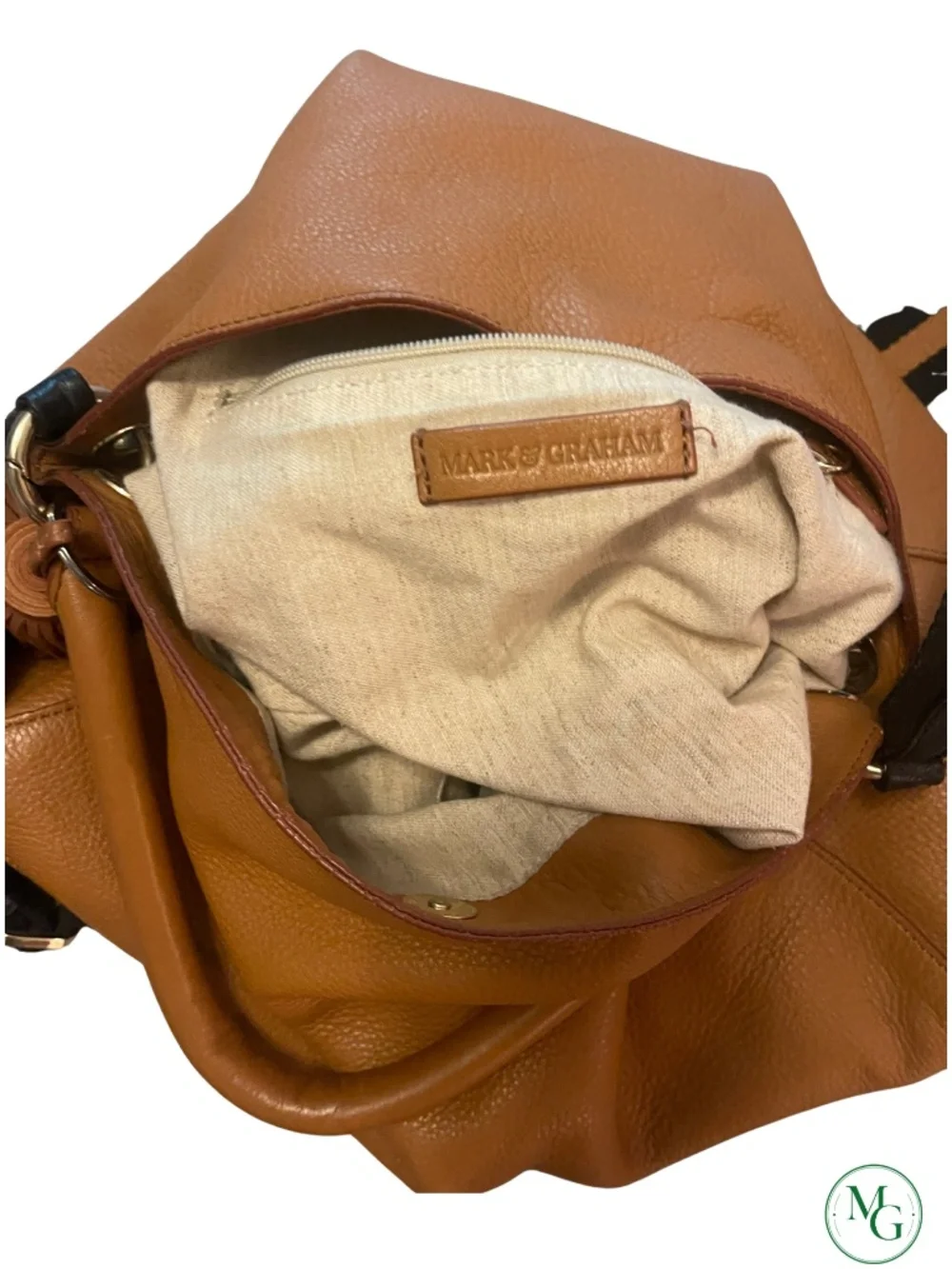 Mark & Graham Camel Pebbled Leather Hobo Bag Tote Stripe Strap